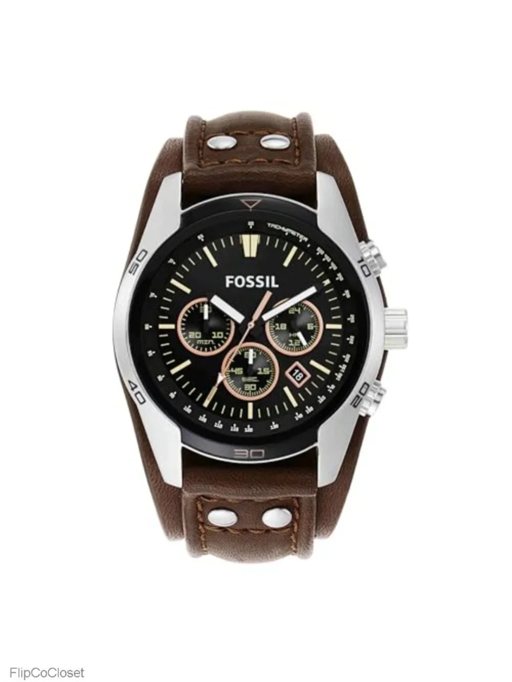 Men's Quartz Chronograph Leather Watch 44mm Stainless Steel